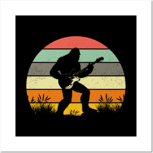 Bigfoot Playing Electric Guitar Vintage Sunset Musician Posters and Art